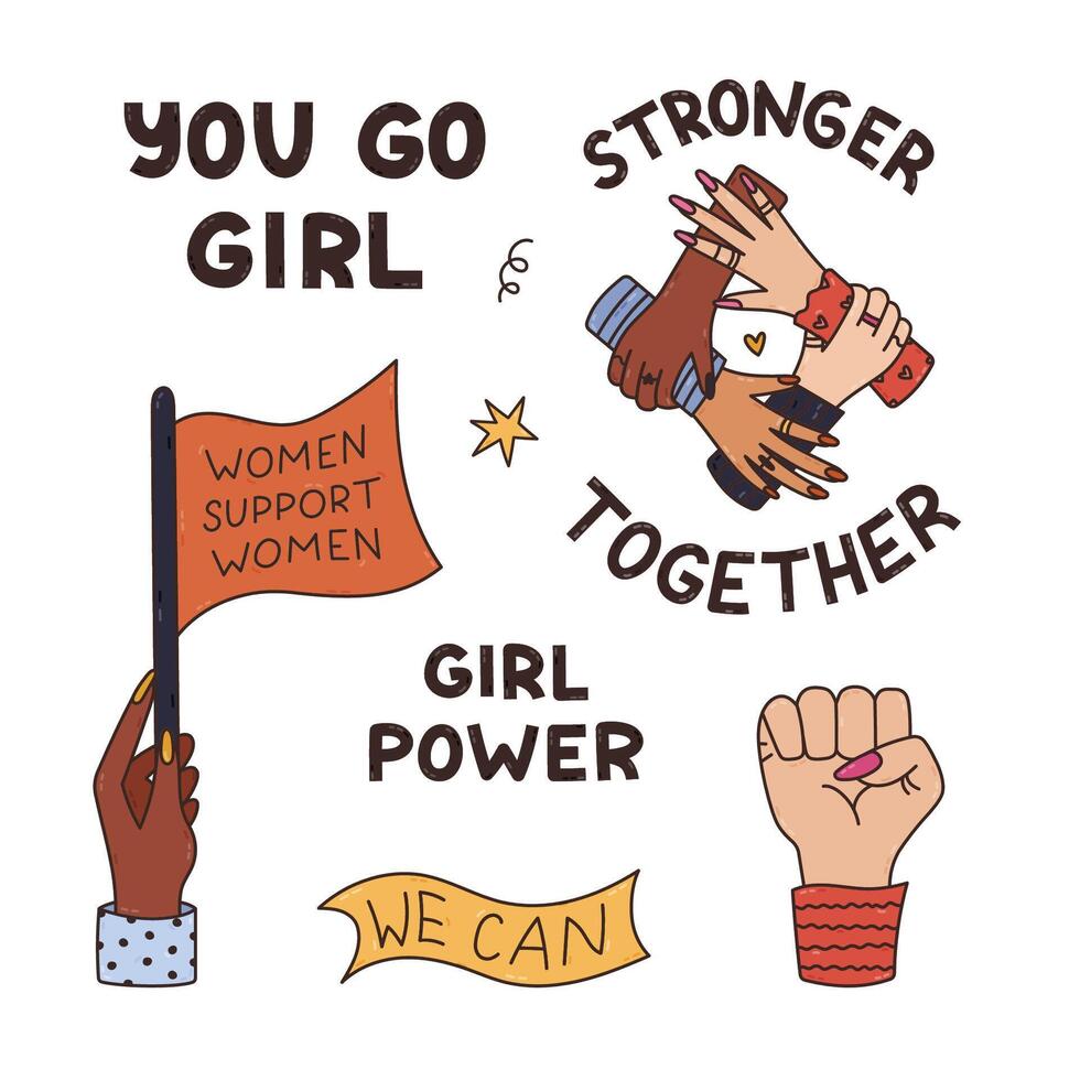 Lovely outline cartoon feminist badges with girl arms in different poses, women solidarity lettering. Cute hand drawn feminist slogans, multiracial, diversity and female movement concept isolated. vector