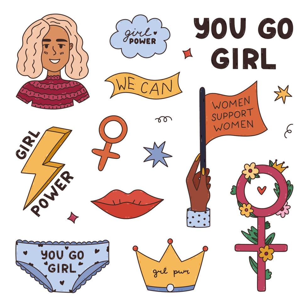 Lovely line cartoon feminist, girl power set with female avatar, lettering of feminism slogans, woman doodle. Hand drawn women empowerment pack for International Women s day isolated on white. vector