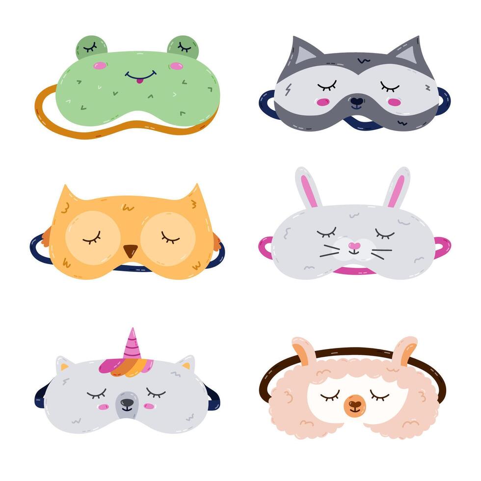 Childish cartoon animal sleeping mask set in the shape of frog, raccoon, owl, bunny, unicorn, llama head. Funny kids eye mask collection with pet head. Hand drawn sweet dreams accessory for nap. vector