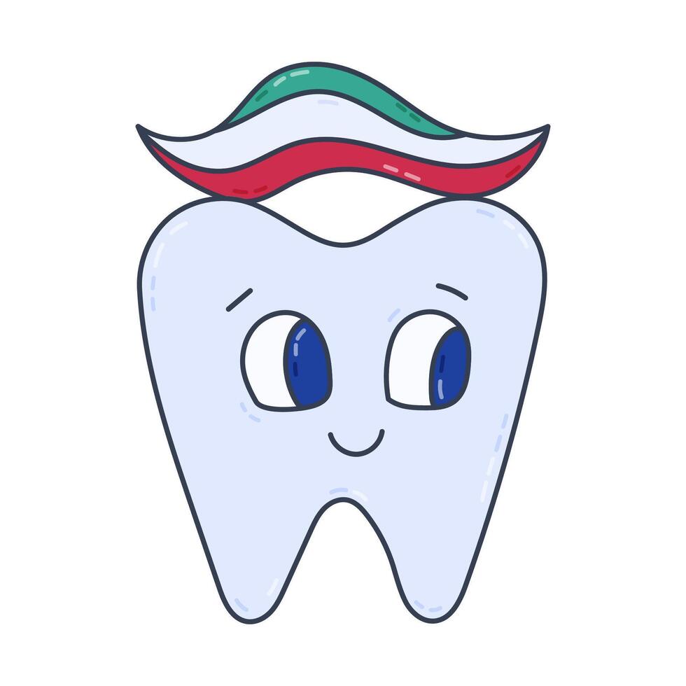 Cheerful line cartoon tooth with toothpaste on it. Smiling tooth with happy face ready to get dental care. Dentistry concept for kids for oral and teeth hygiene and treatment. Isolated doodle. vector
