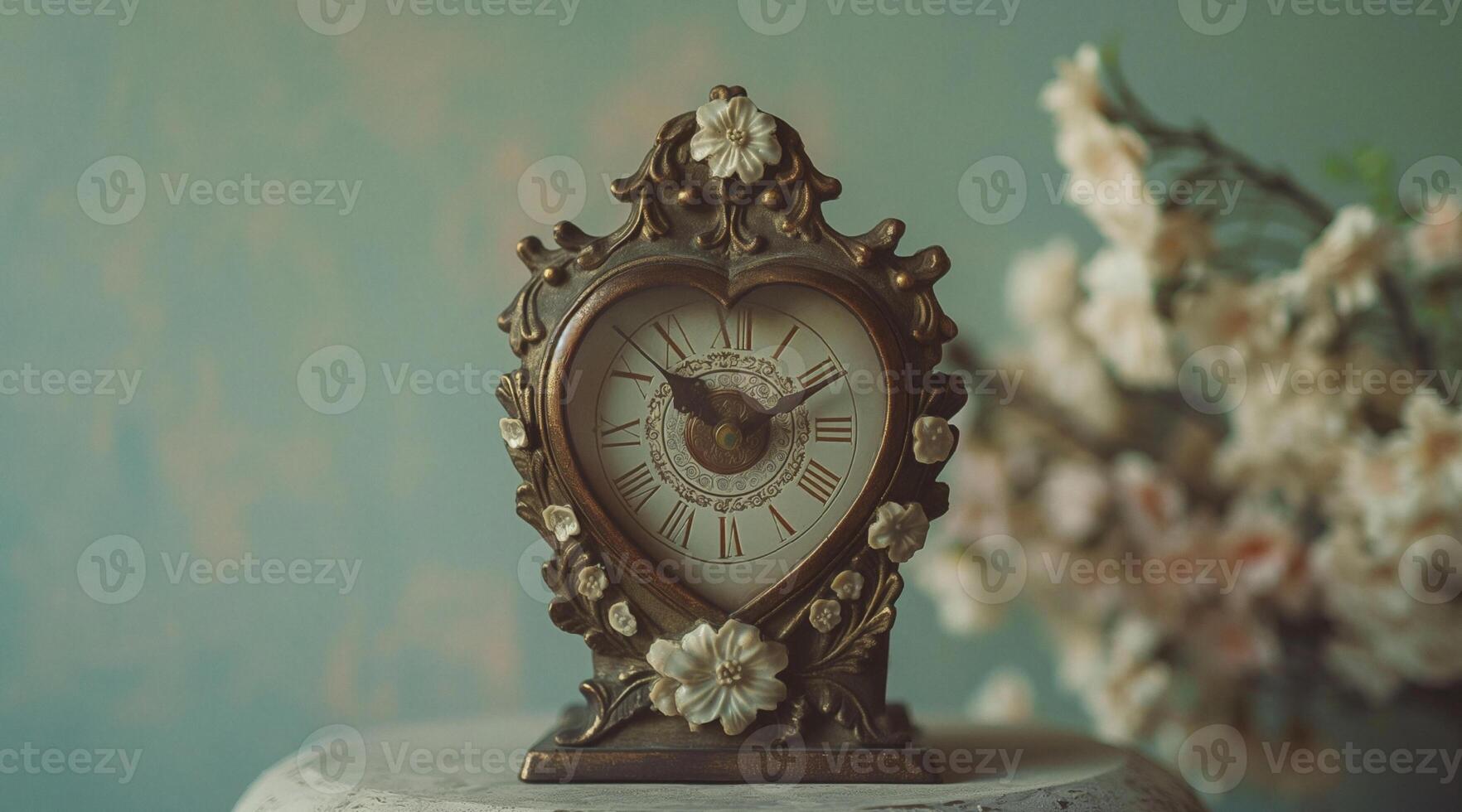 A clock with flowers on a table photo