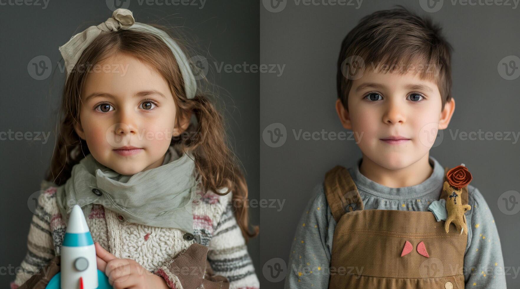 Two children are posing for a photo with a toy