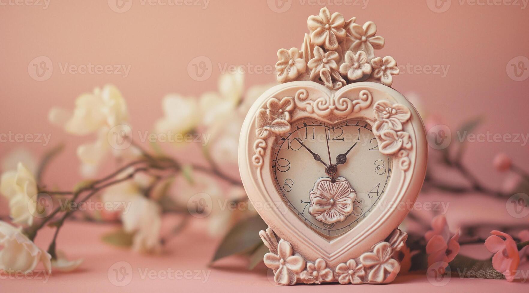 A clock with a heart shape on a pink background photo