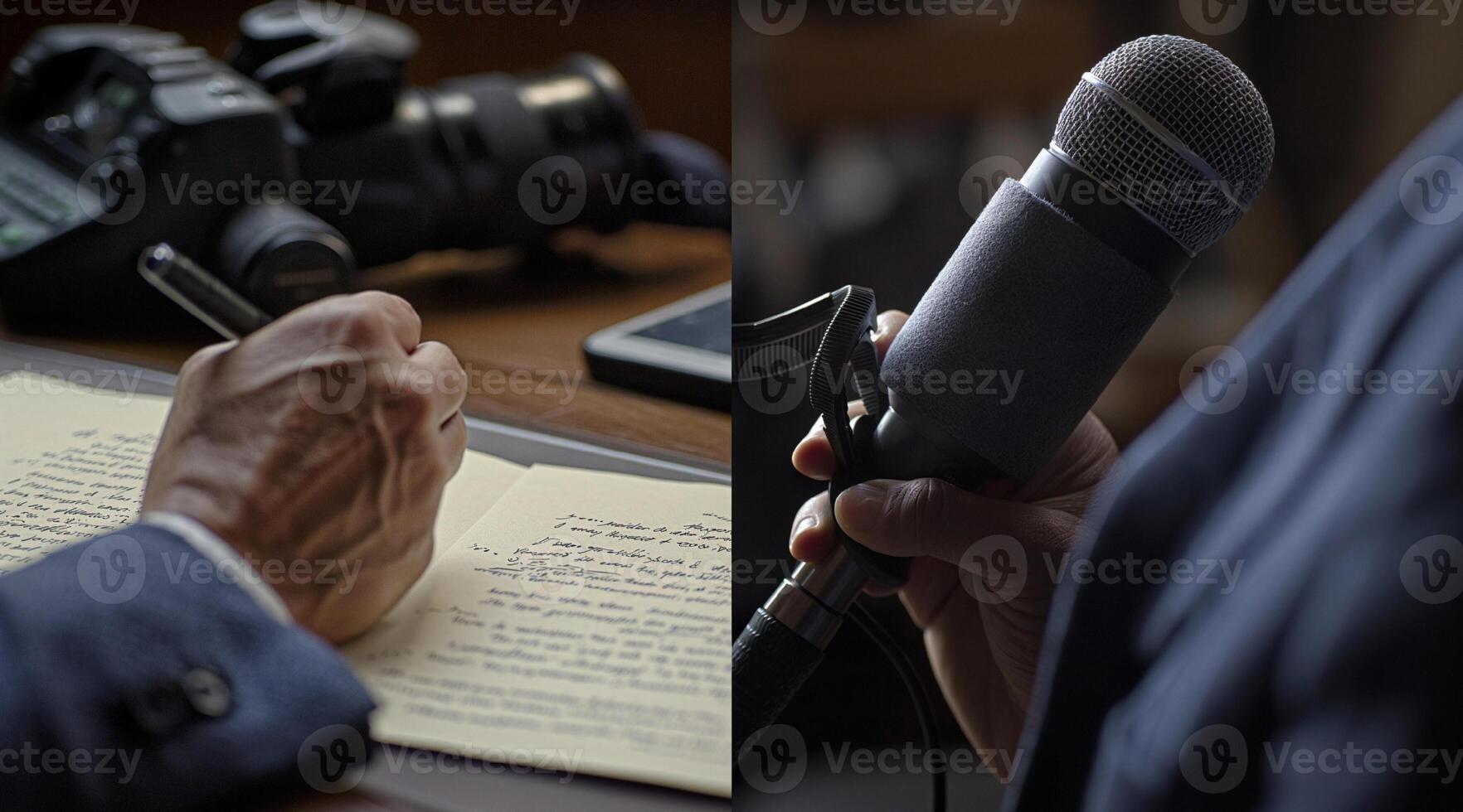 Two images of a man holding a microphone and writing on paper photo