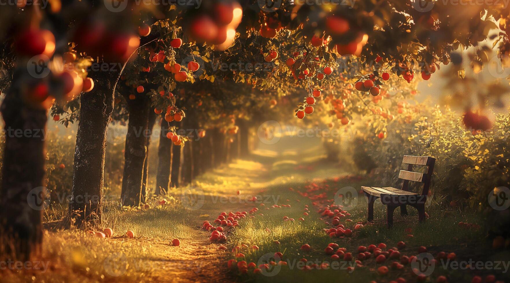 A bench is sitting in an apple tree filled with apples photo