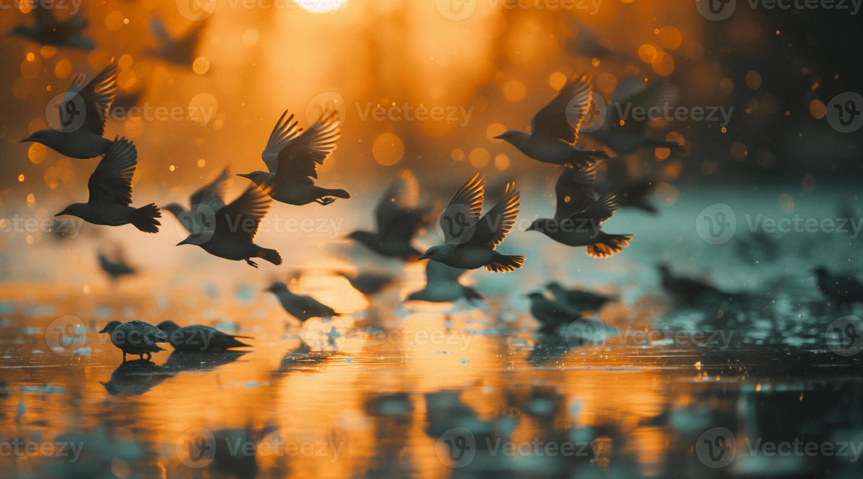 A flock of birds flying over a body of water photo