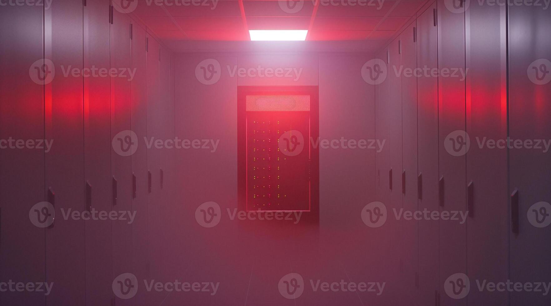 A hallway with red lights and a door photo