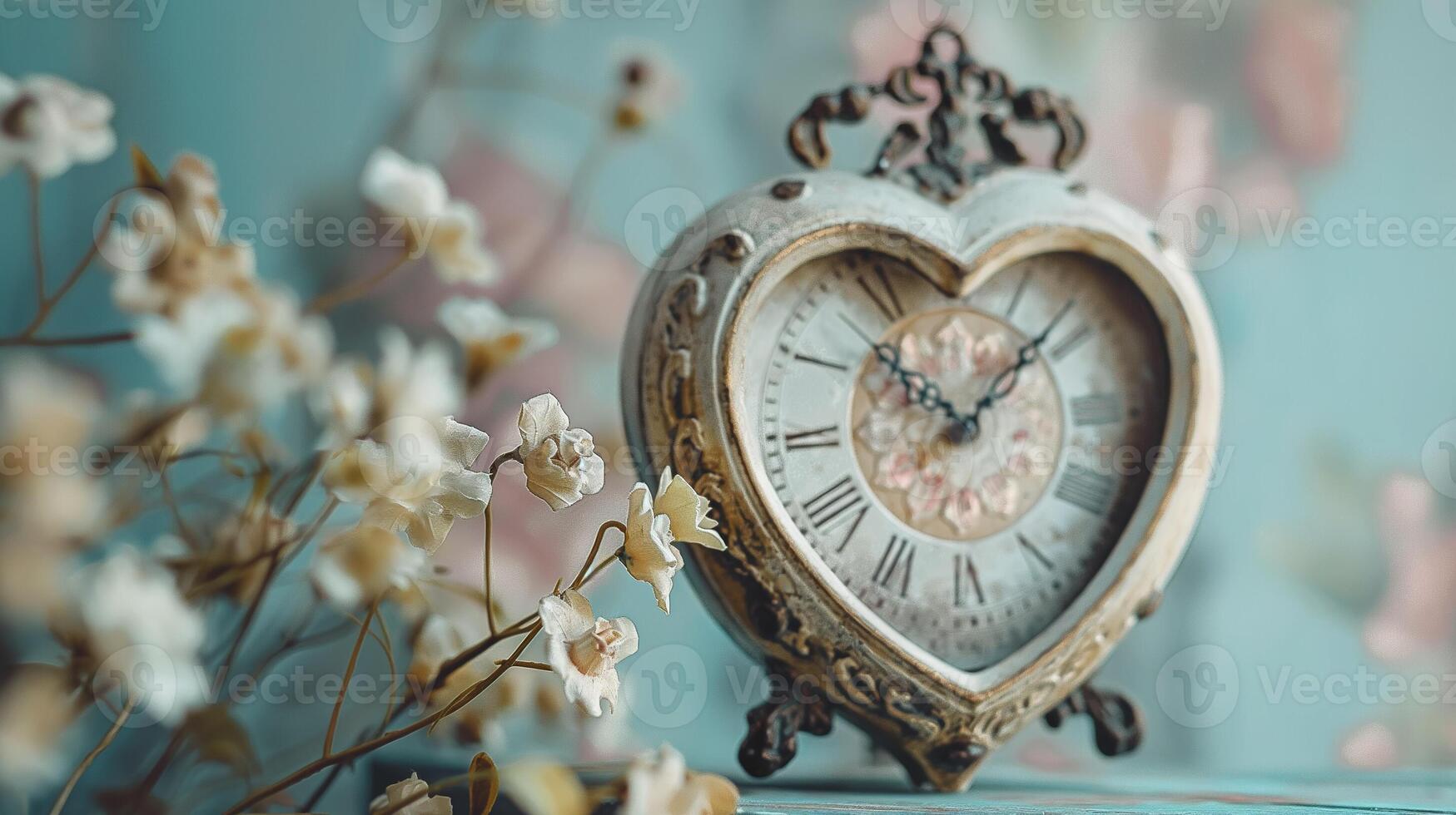 A clock with flowers on a table photo