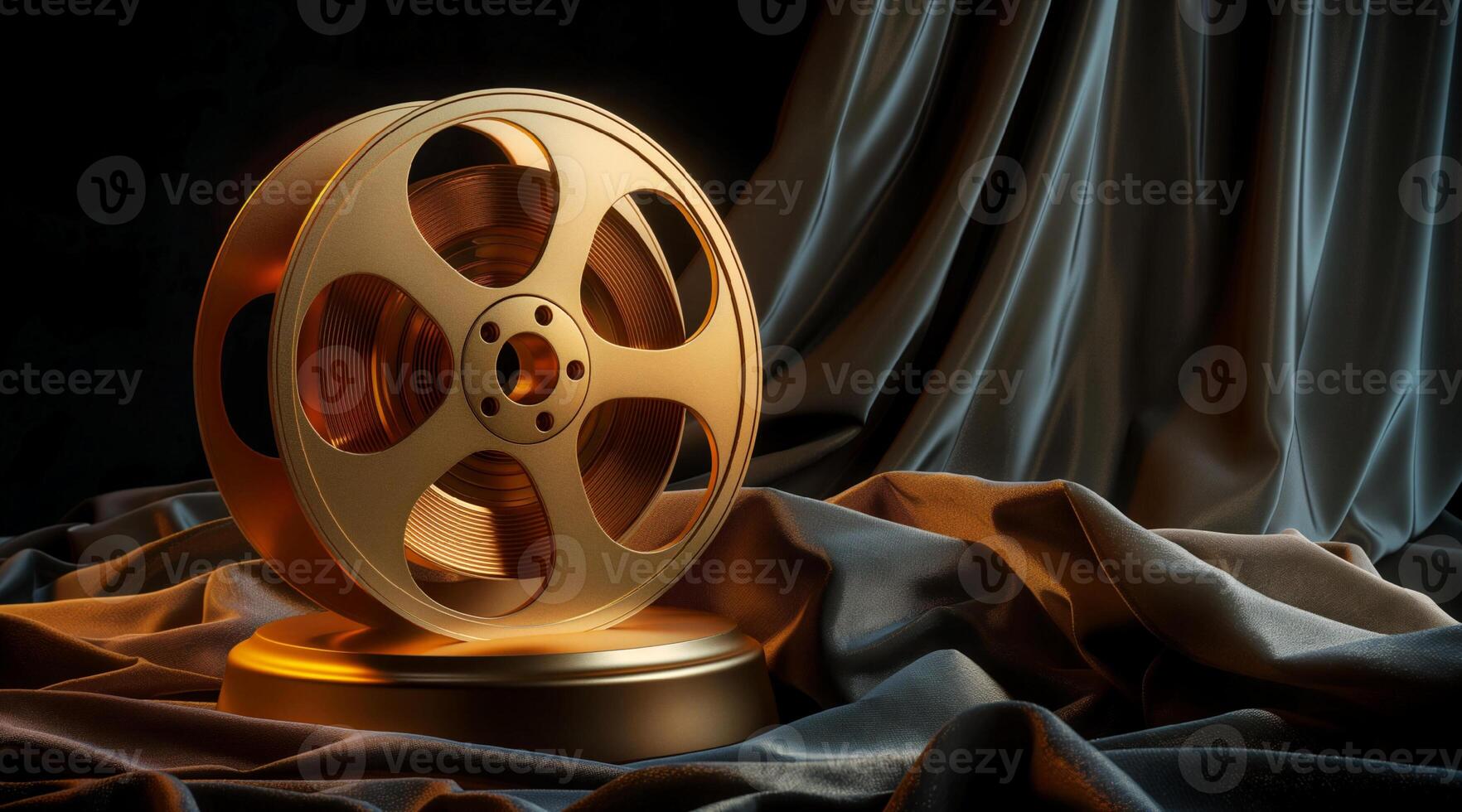 Golden film reel on a black background photo