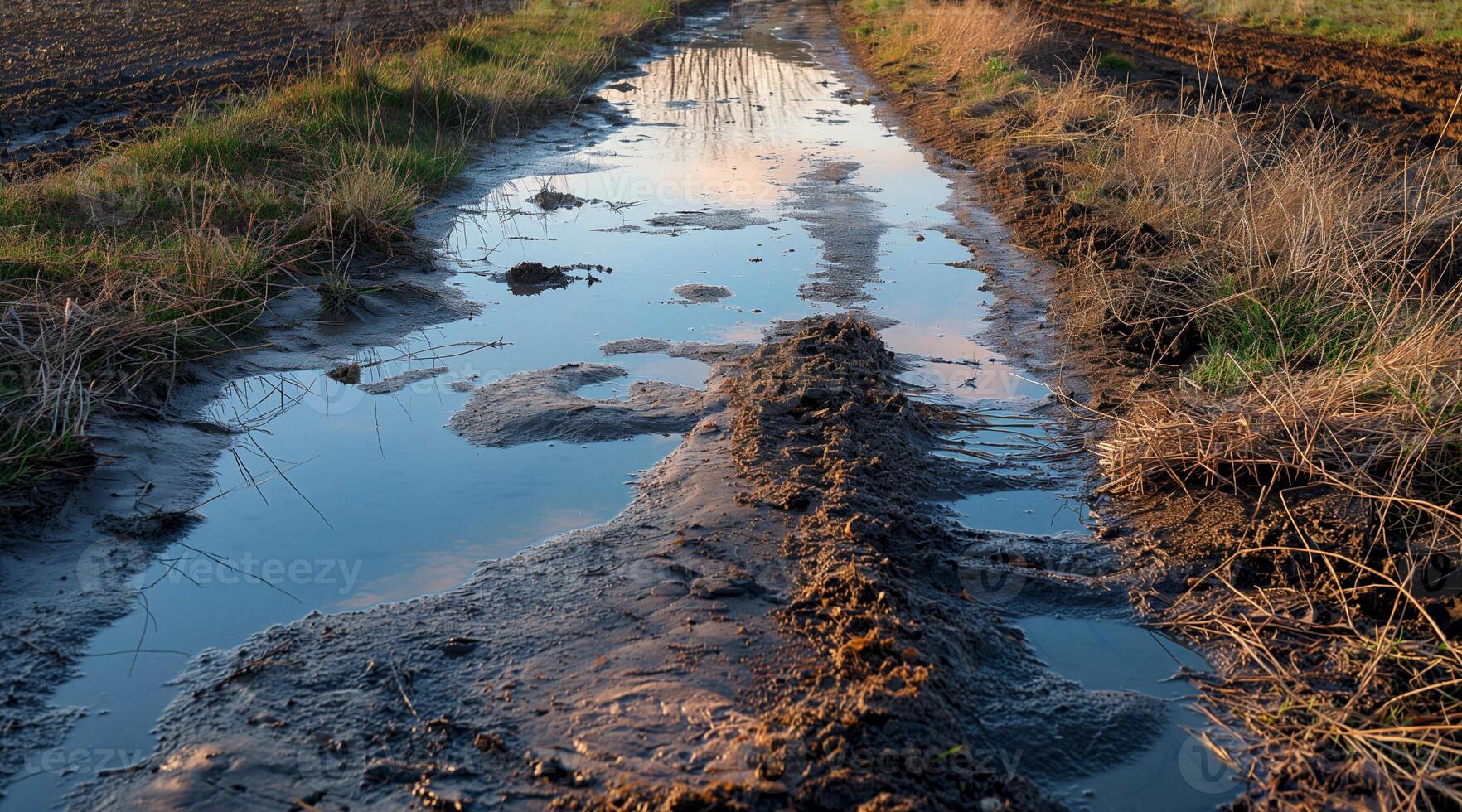 A dirt road with a puddle of water in the middle photo