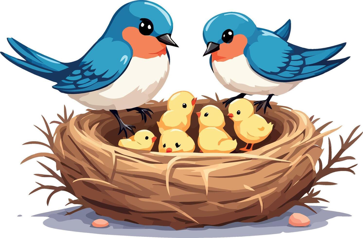 Two blue birds and two baby birds in a nest vector