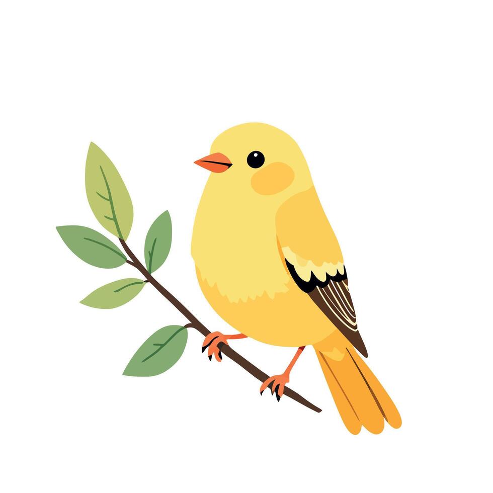 A yellow bird sitting on a branch with leaves vector