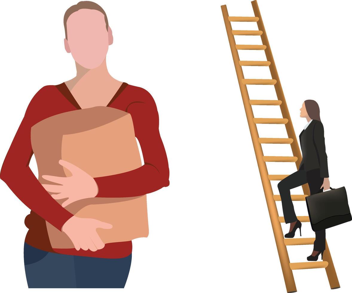 A woman is climbing a ladder to get a box vector