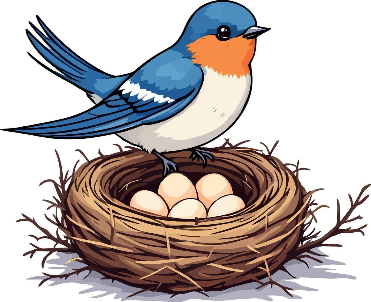 A blue bird sitting on top of a nest with eggs vector