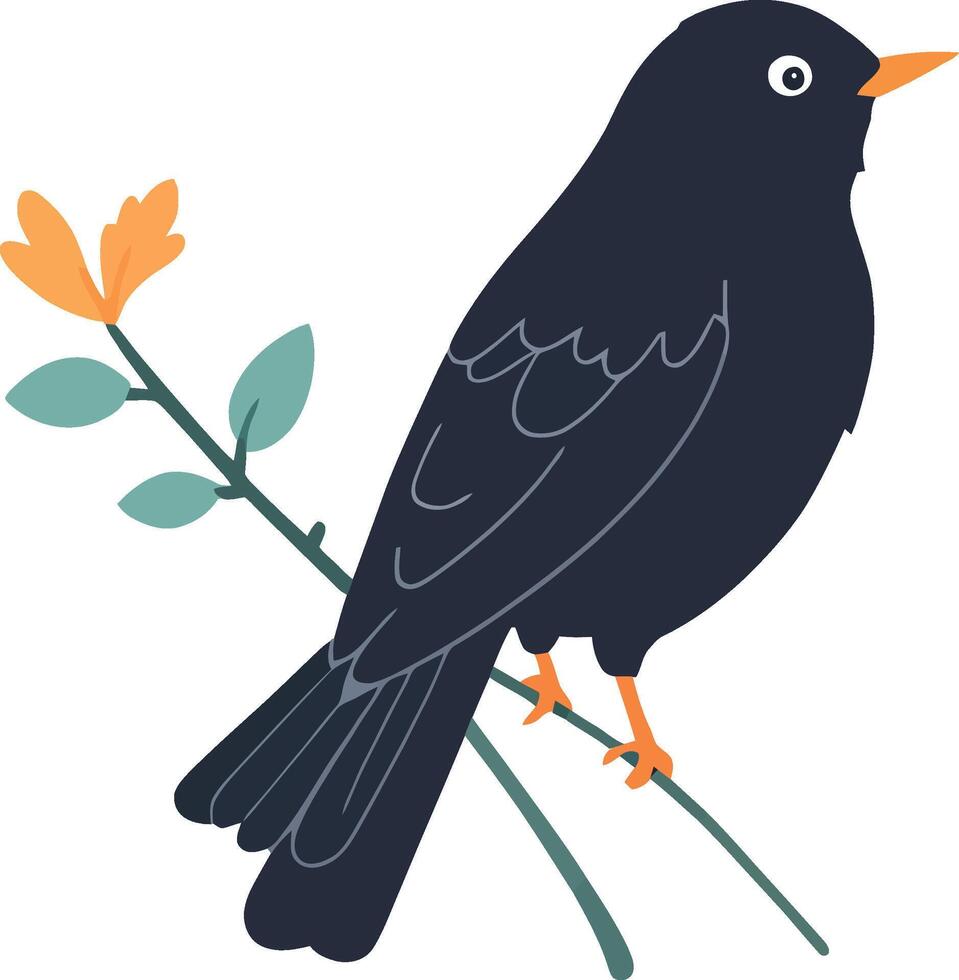 Blackbird on a branch with orange flower vector