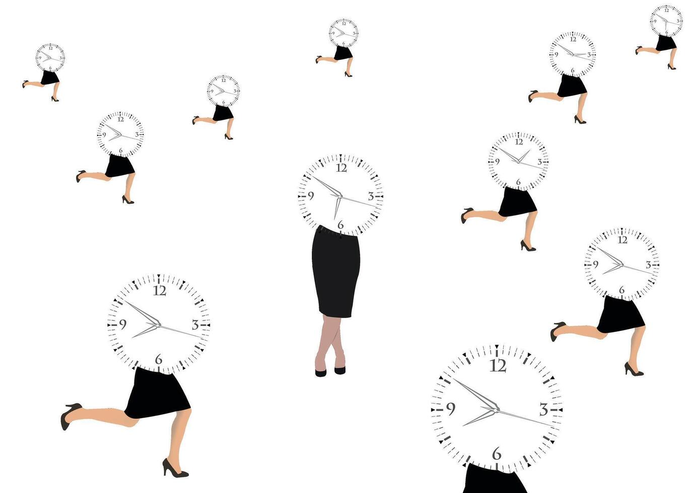 Businesswoman running with clock faces vector