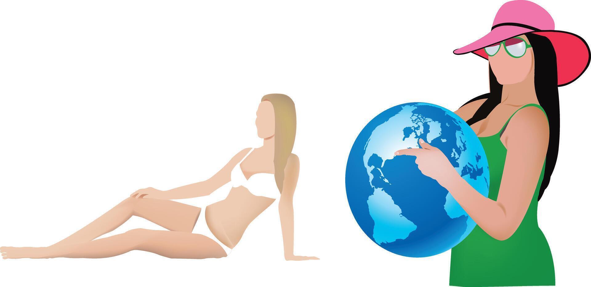 A woman in a bikini and hat is sitting on the ground next to a globe vector