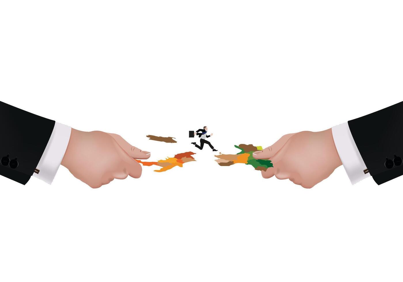 Businessman running on a bridge made of hands holding a map vector