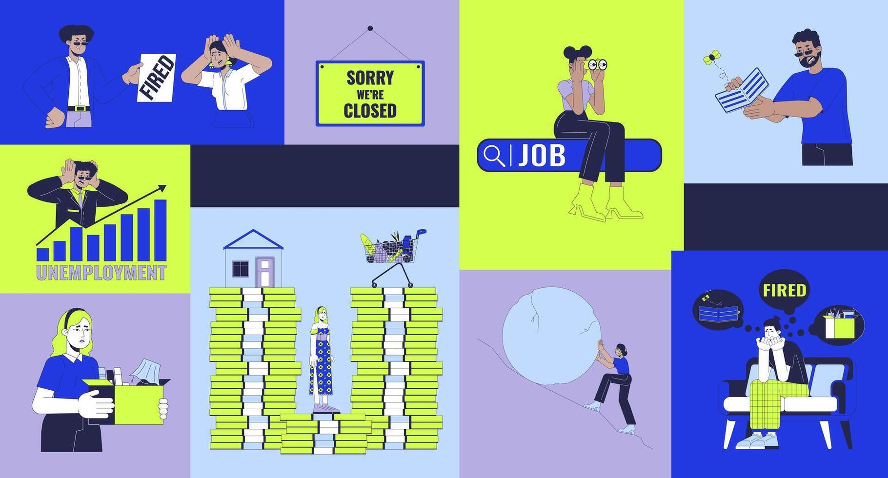 Losing job problem bento grid illustration set. Company stuff layout 2D image collage design graphics collection. People surviving economic crisis flat characters moodboard layout vector