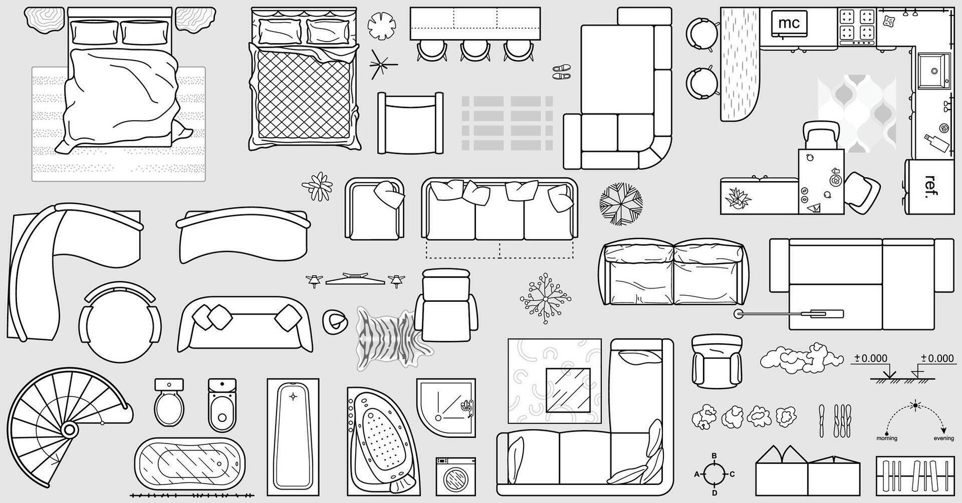 Floor plan icons set for design interior and architectural project view from above. Furniture line icon in top view for layout. Collection for arranging and filling rooms of apartment vector