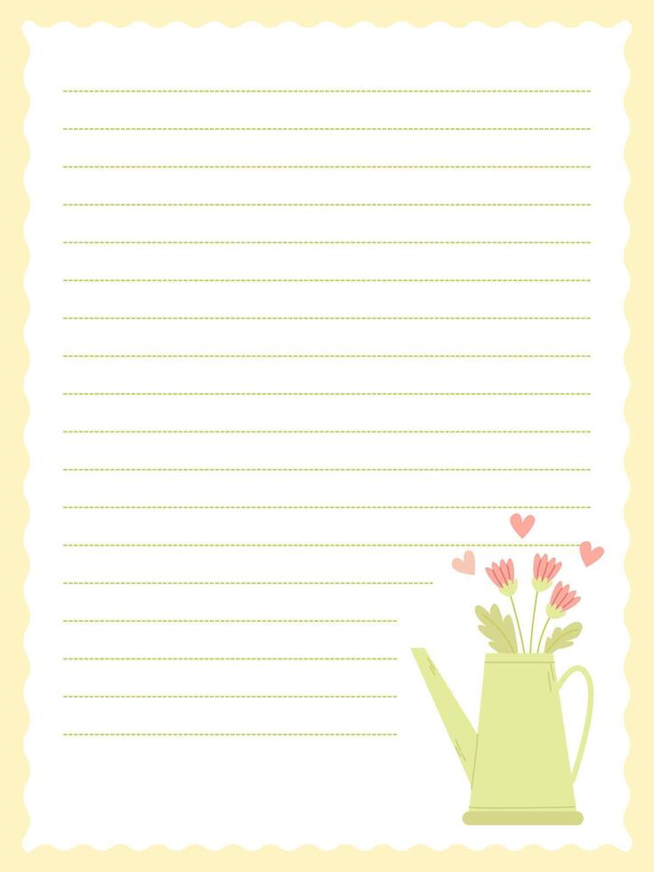 a page for notes with a cute watering can with spring flowers and hearts vector