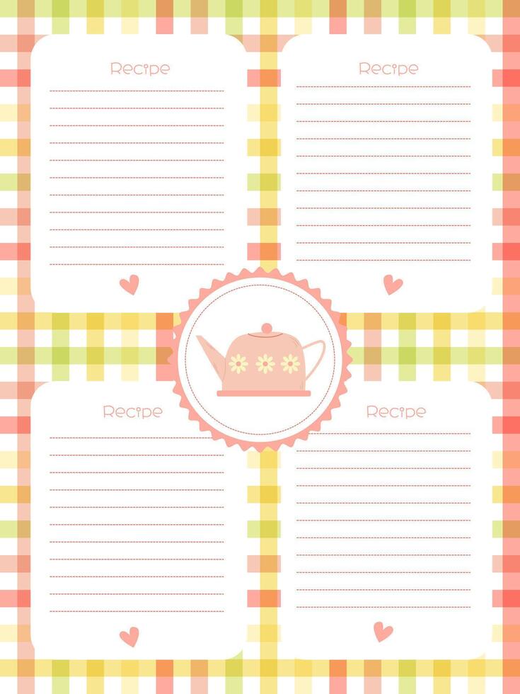 recipe notebook page template with a cute pink kettle on a checkered background vector
