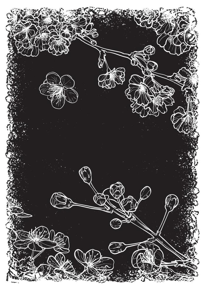 Vintage gunge A4 print design with line art cherry blossoms elegant text. hand drawn outline of these beautiful spring flowers on grunge black background. vector