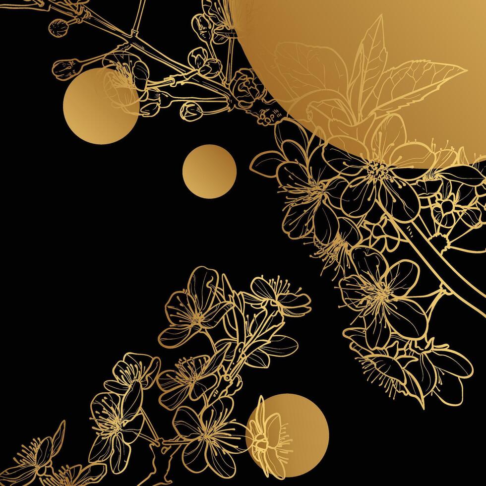 Golden line art cherry blossoms on black background. Elegant and luxurious design for invitations or social media posts. Hand drawn graphic assets for prints or online vector