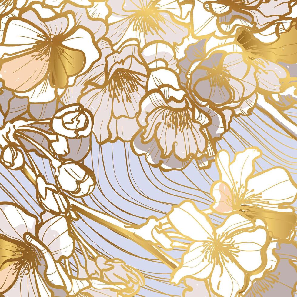 Hand drawn cherry blossoms on light blue background. Elegant and luxurious line art design for invitations or social media posts. Hand drawn graphic assets for prints or online vector