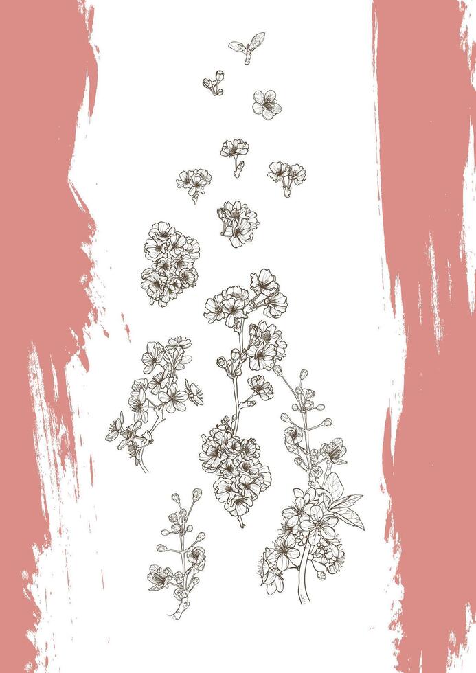 A4 print design with line art cherry blossoms and ink doodles. Hand drawn outline of these beautiful spring flowers on white background. Ready to be used in print and online projects. vector