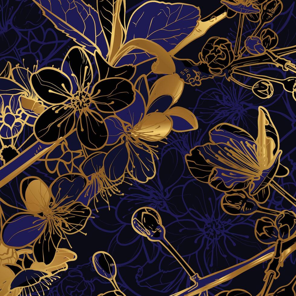 Line art golden cherry blossoms flowers on blue background in square design. Elegant and luxurious design for invitations or social media posts. Hand drawn graphic assets for prints or online vector