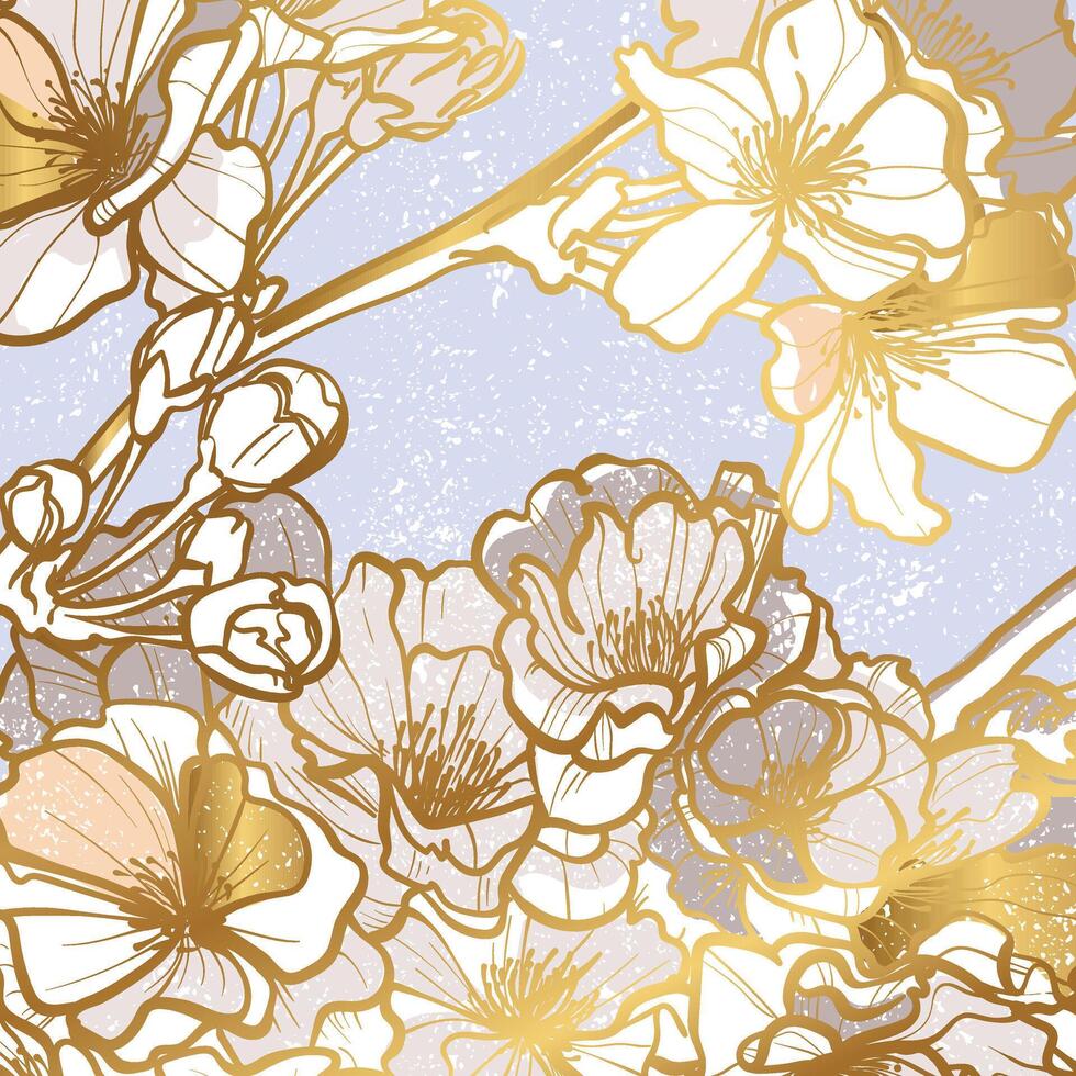 Golden cherry blossoms flowers hand drawn in square design. Elegant and luxurious design for invitations or social media posts. Hand drawn graphic assets for prints or online vector