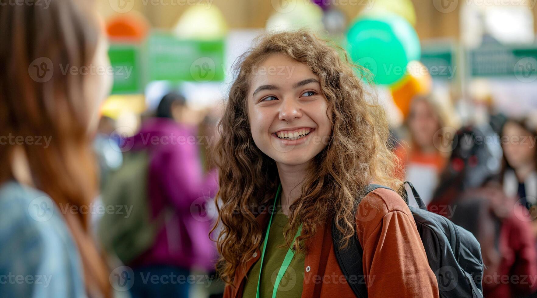 A girl smiling at a convention photo