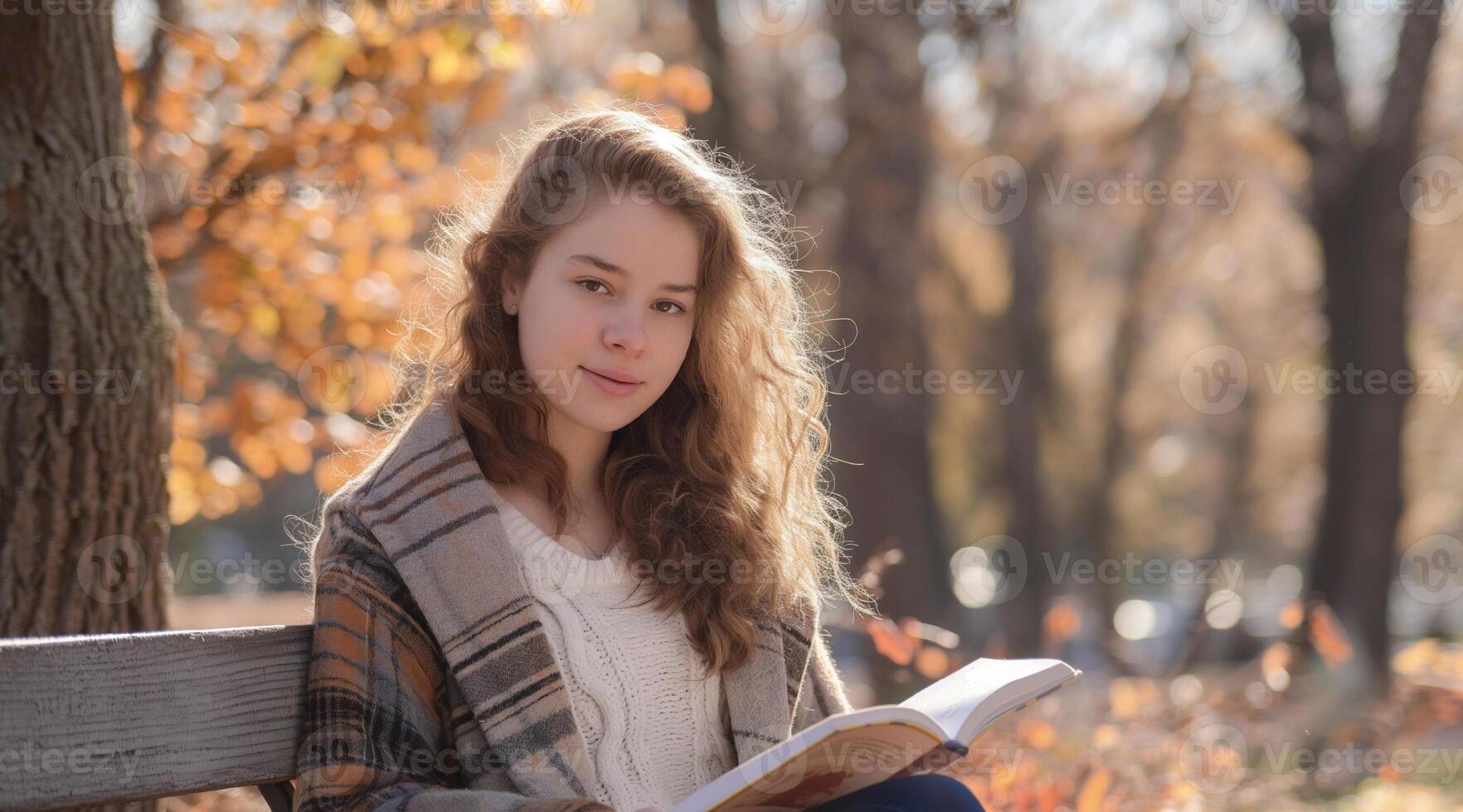 A young woman is sitting on a bench reading a book photo