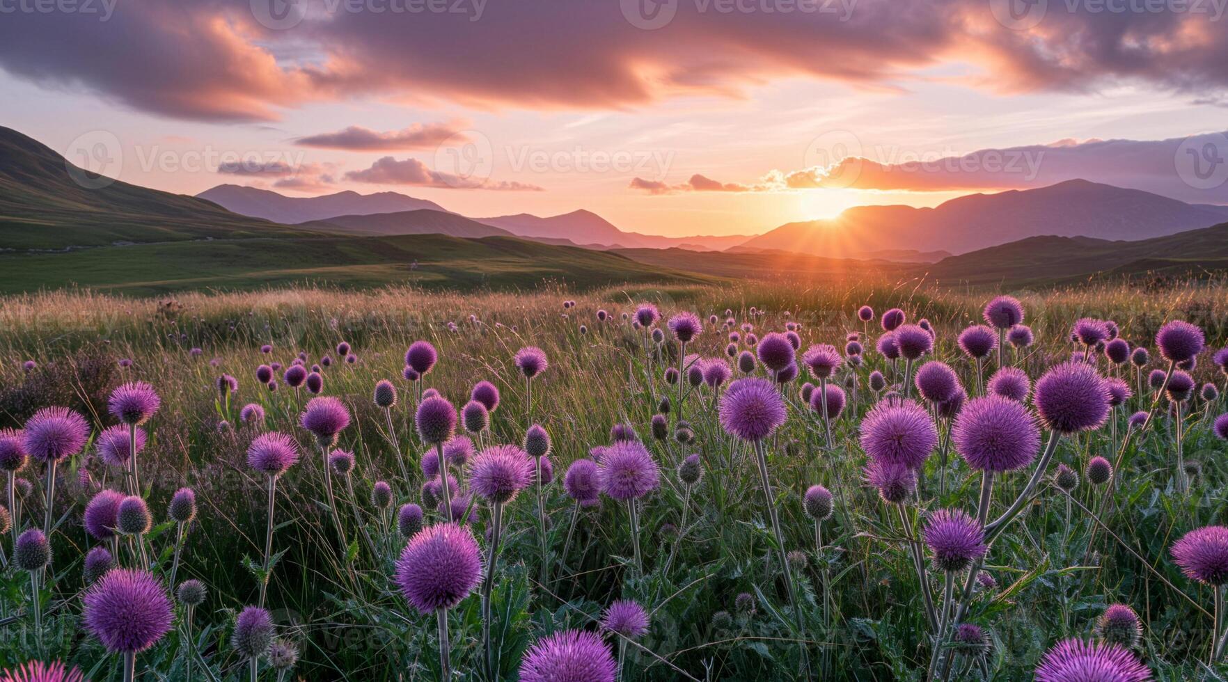 A field of purple thistle flowers at sunset photo