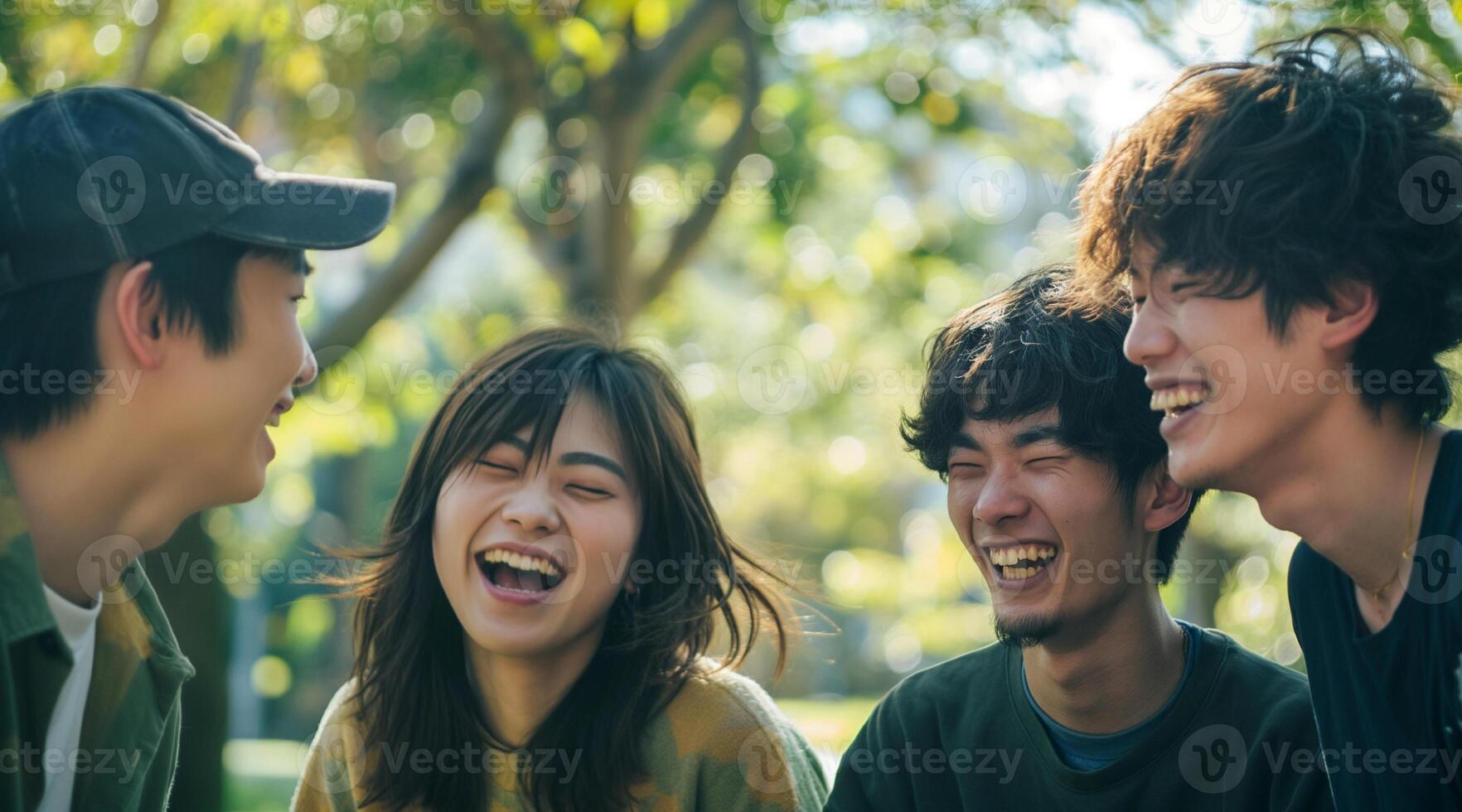 Four young people laughing together in the park photo