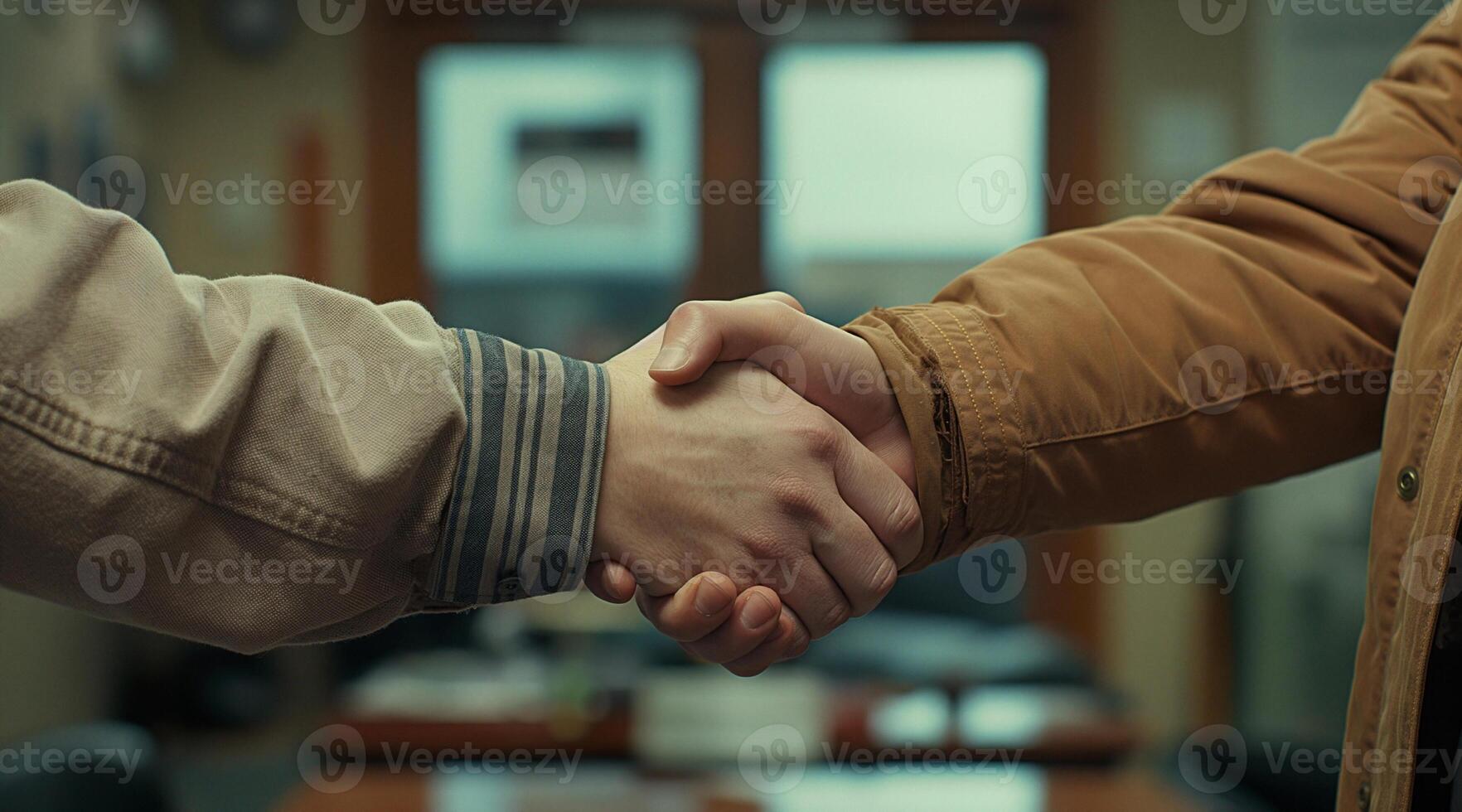 Two people shaking hands in an office photo