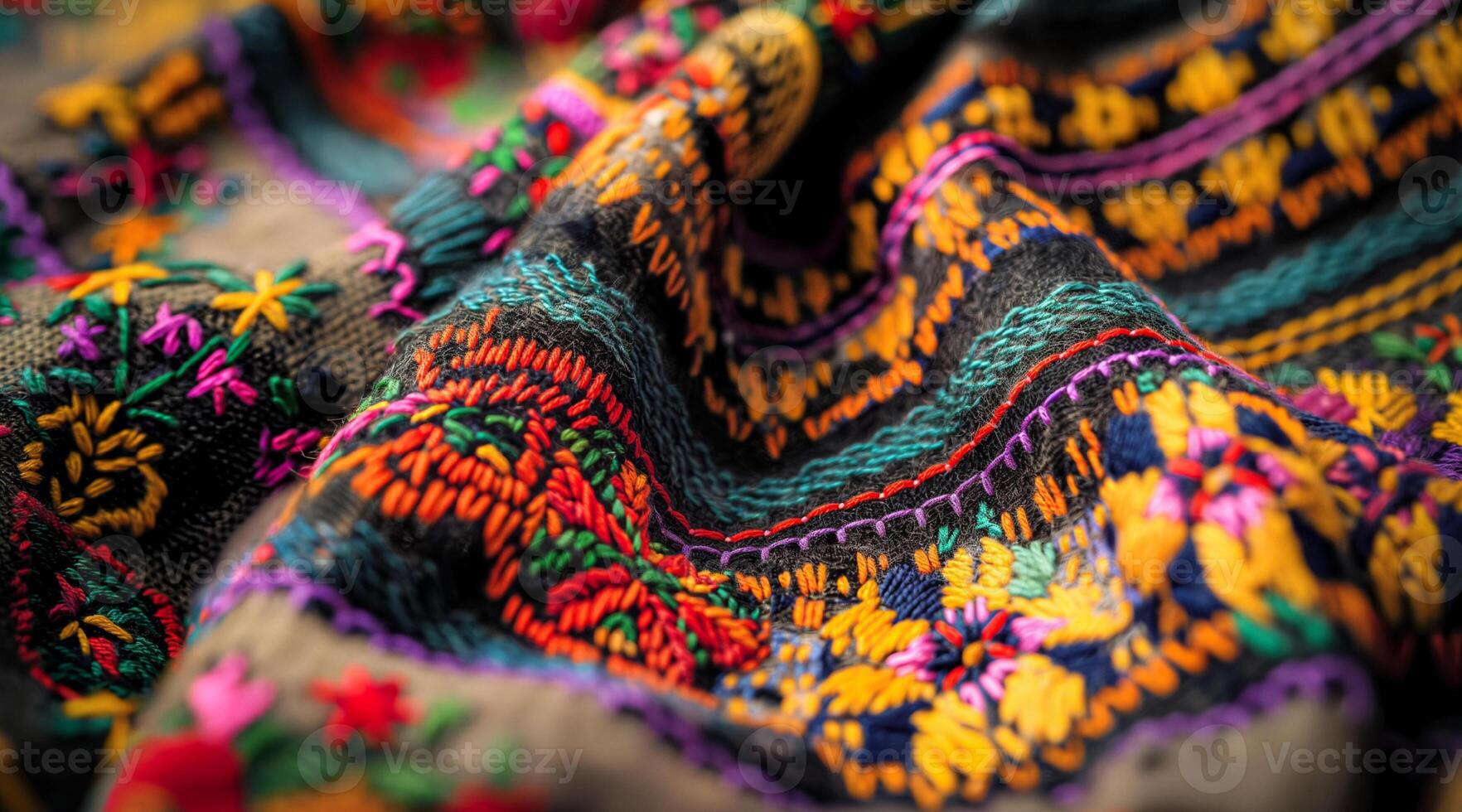 Close up of colorful embroidered fabric photo