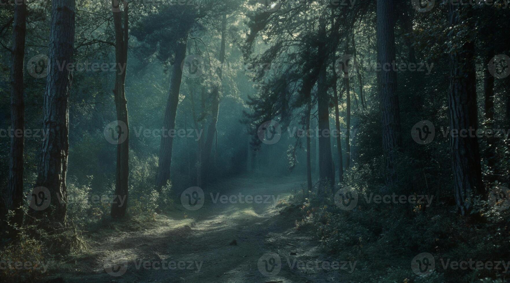 A dark forest path with trees and a light coming from the trees photo