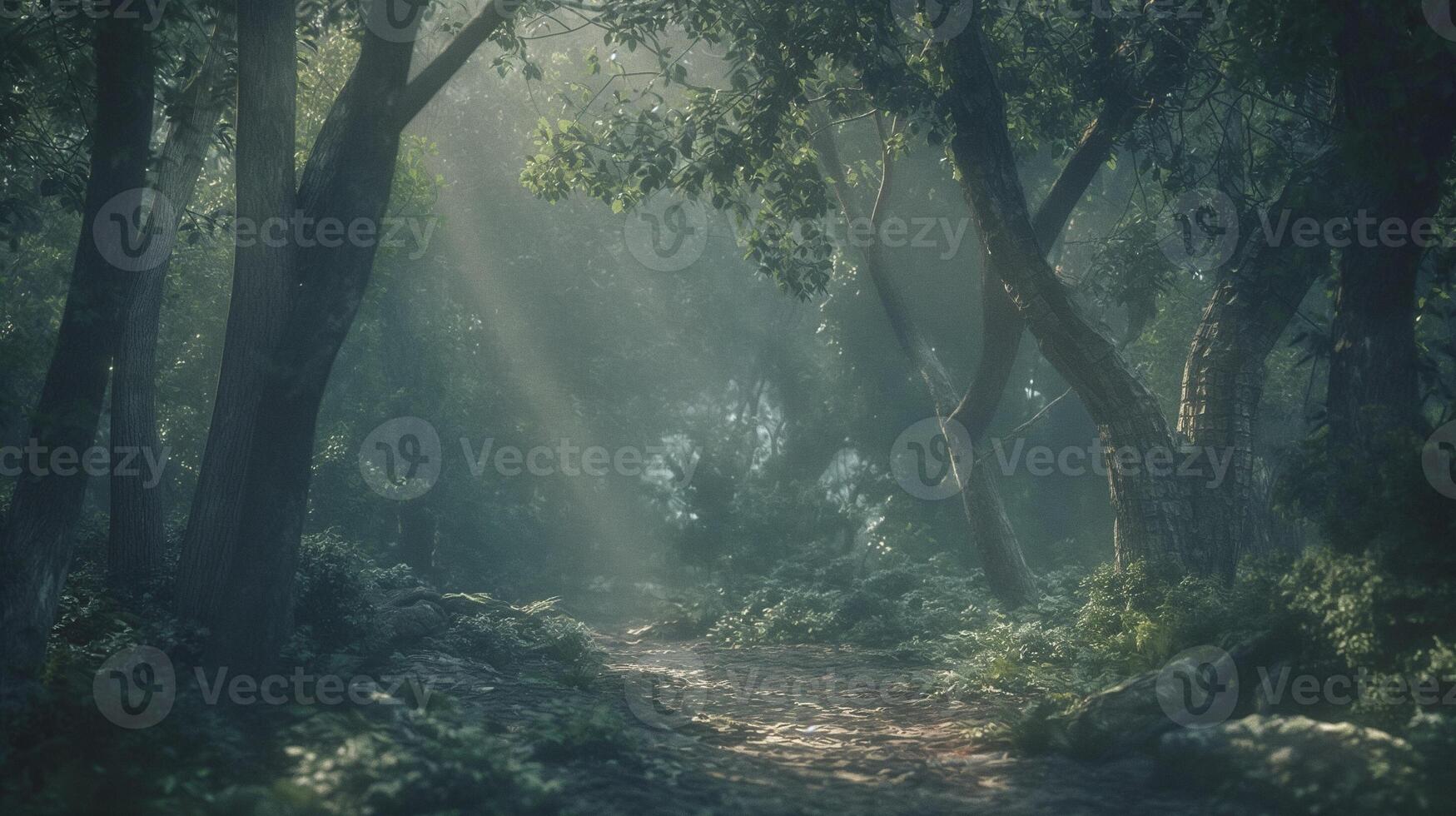 A path through the woods with sunbeams shining through the trees photo
