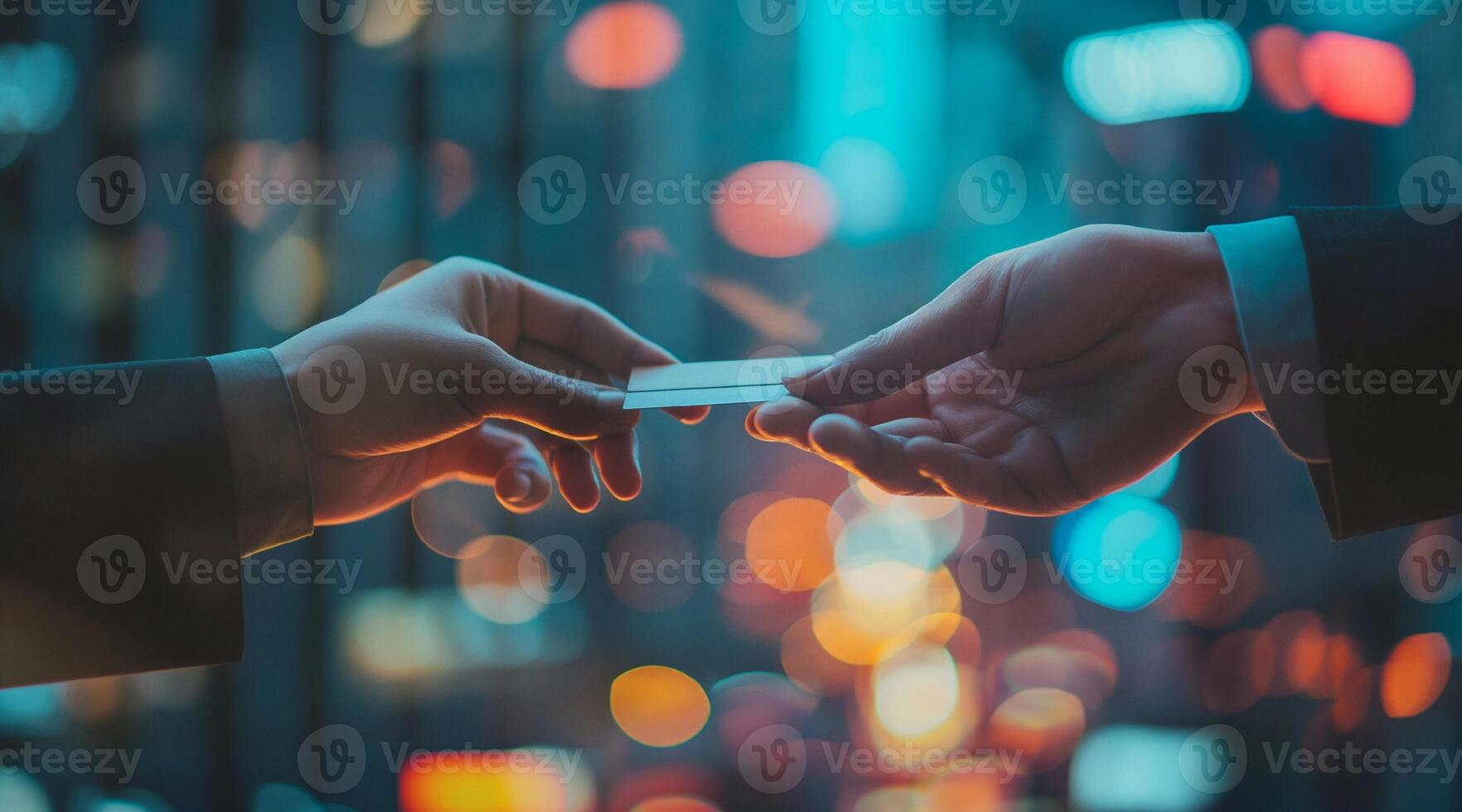 Two people holding a credit card in front of a cityscape photo