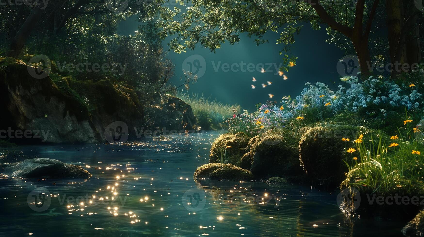 A river with flowers and rocks in the middle photo
