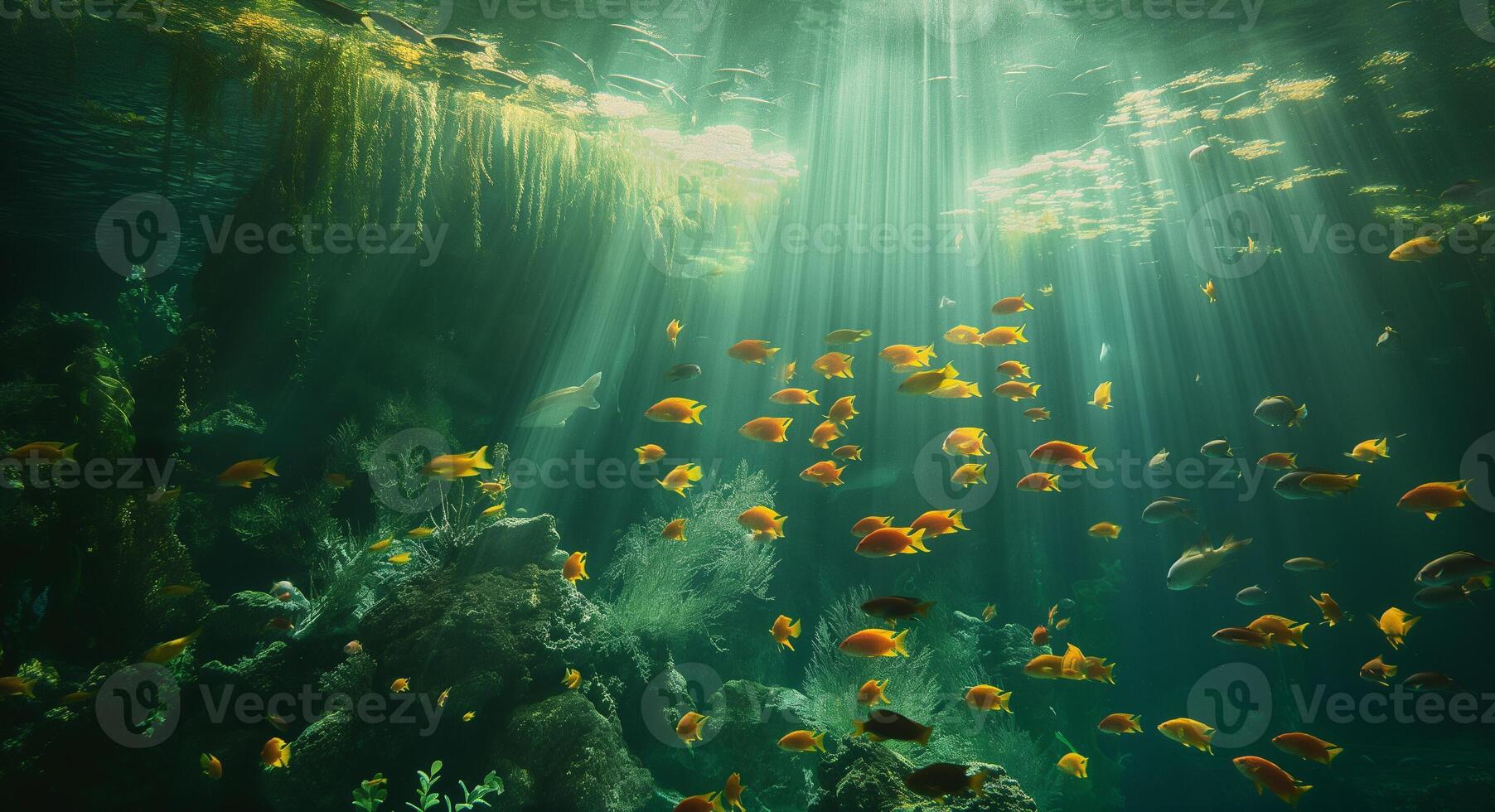 An underwater scene with many fish and coral photo