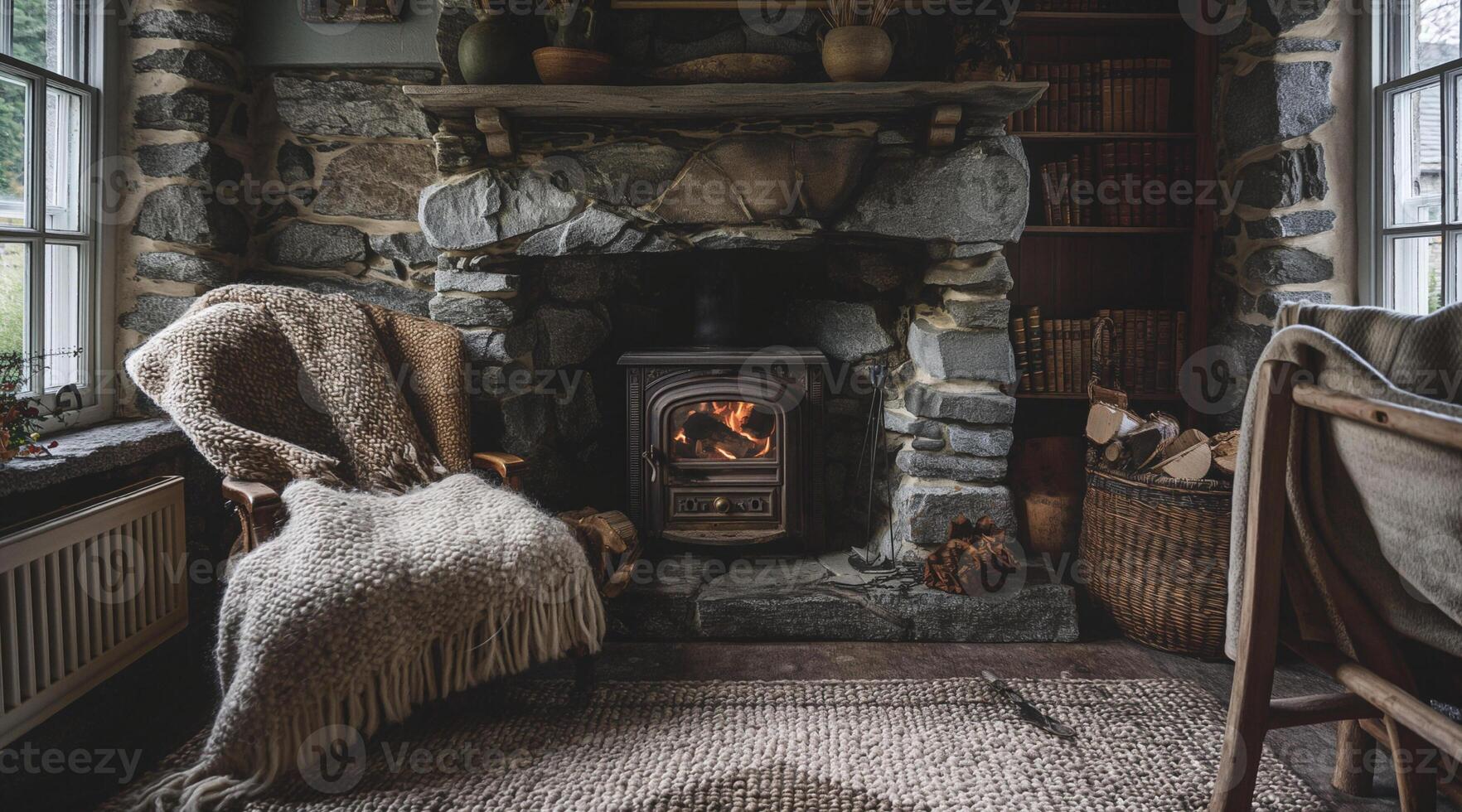 A fireplace in a room with a chair and blanket photo