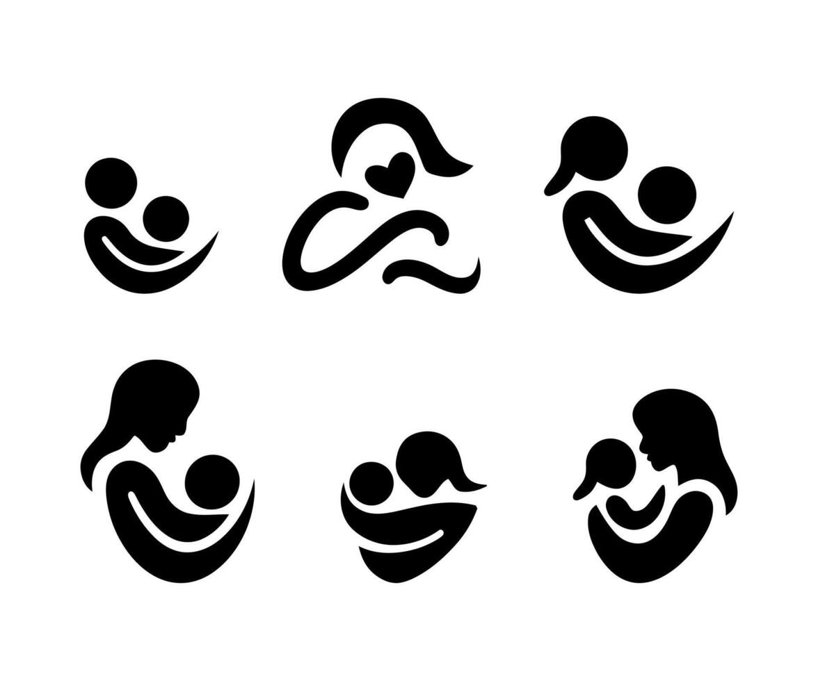 Collection of Simple Black and White Mother and Child Icons vector