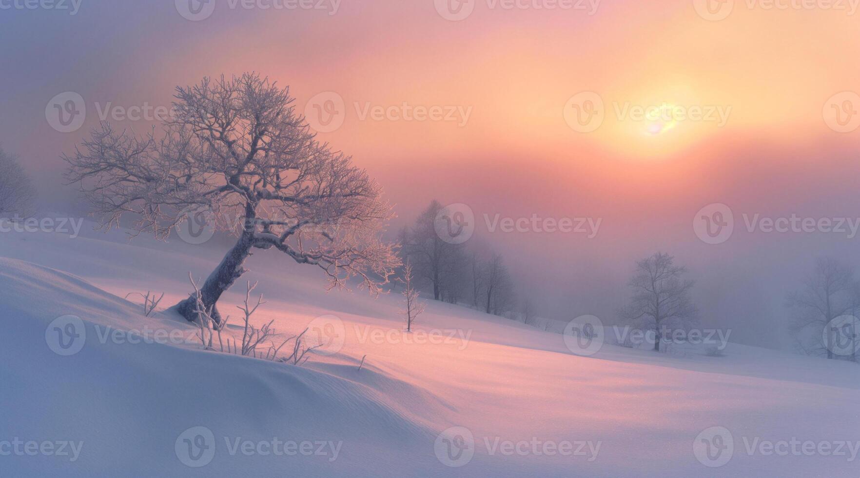 A tree is standing in the snow with the sun setting behind it photo