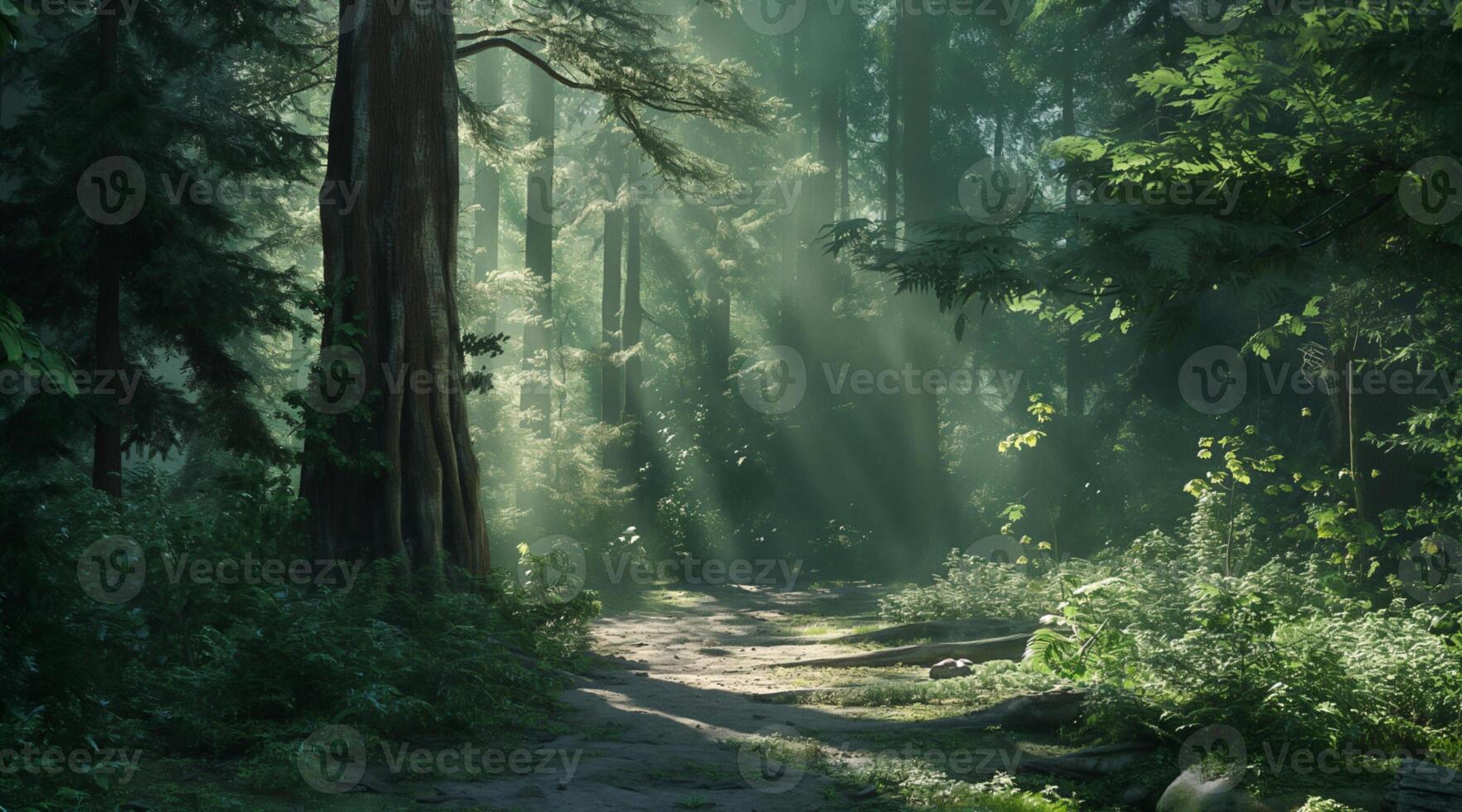 A path through a forest with sunbeams shining through the trees photo