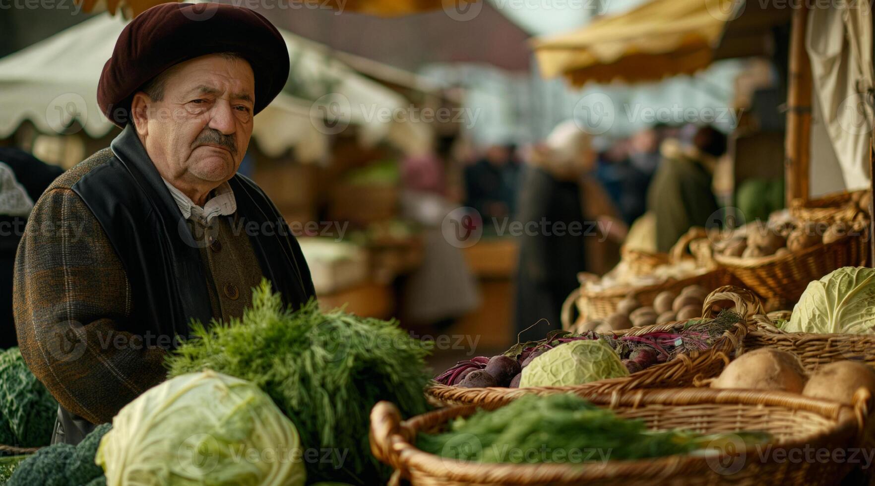 An old man stands in front of baskets of vegetables photo