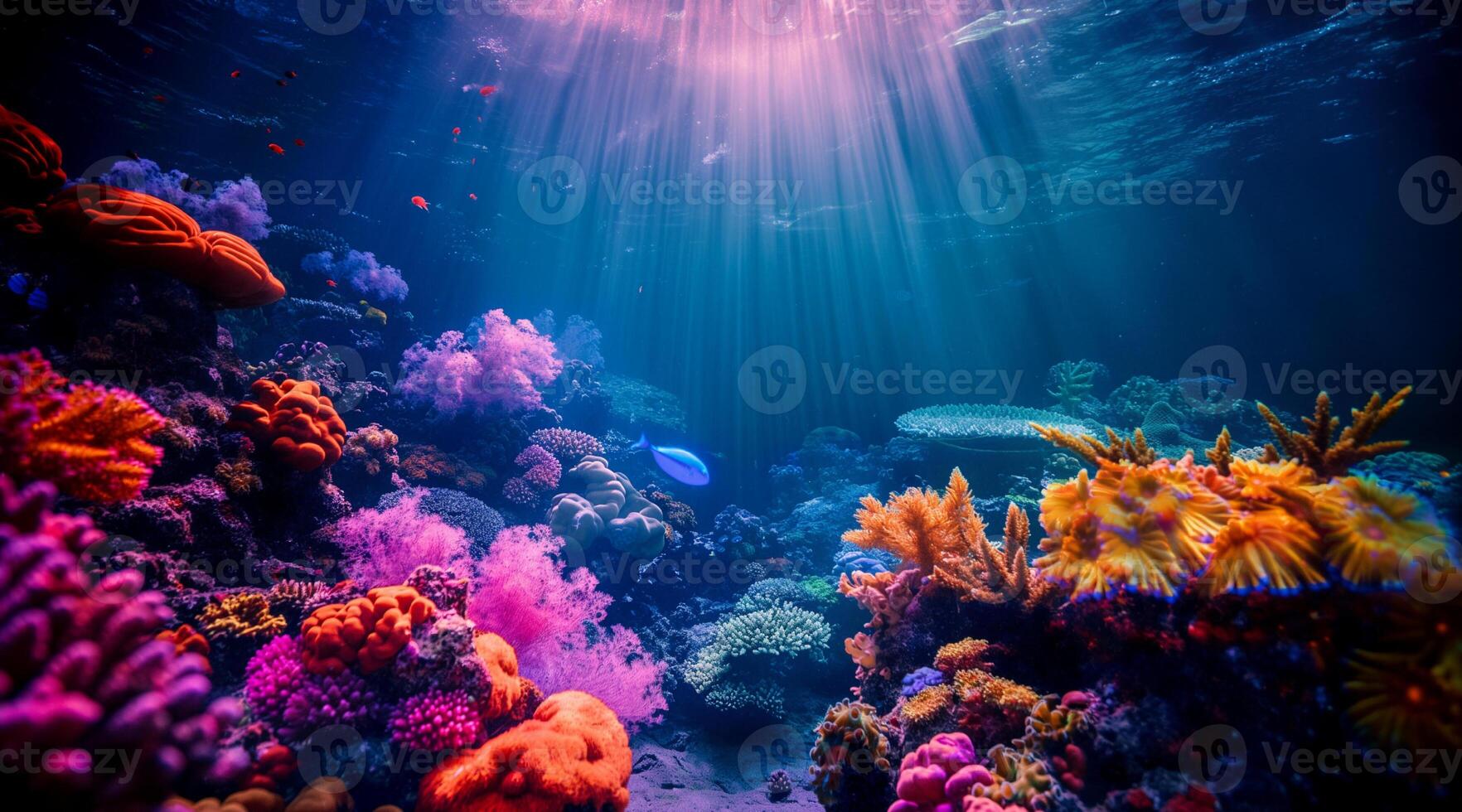 An underwater scene with coral reefs and sunbeams photo