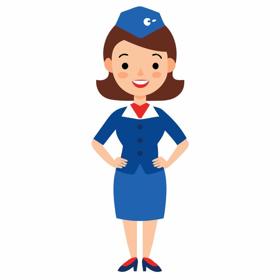 a cartoon stewardess in blue uniform. Profession. Isolated on white background. Front view. vector